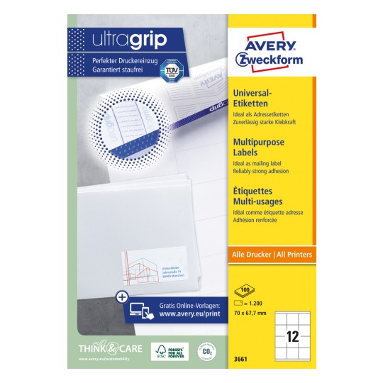 Opakowanie: Avery Zweckform uniwersalne etykiety, trwałe przyleganie, artykuł: 3661, format: 70 x 67,7 mm, odpowiednie do drukarek: Inkjet, laser czarno-biały, kolorowy laser, zawartość: 1.200 etykiet / 100 arkuszy, 12 etykiet/arkusz.