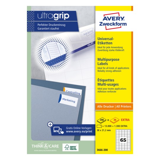 Obrazek opakowania: Avery Zweckform uniwersalne etykiety, przylepne na stałe, artykuł: 3666-200, format: 38 x 21,2 mm, nadające się do drukarek: atramentowej, laserowej czarno-białej, kolorowej laserowej, zawartość: 14 300 etykiet / 220 arkuszy, 65 etykiet/arkusz.