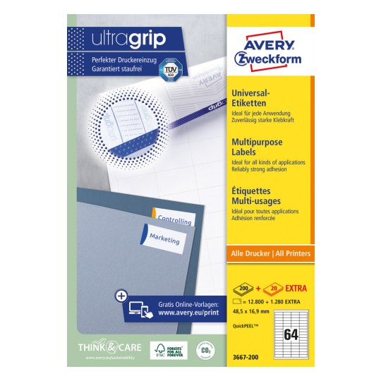 Opakowanie: Avery Zweckform Uniwersalne Etykiety, trwale przylegające, Artykuł: 3667-200, Format: 48,5 x 16,9 mm, Nadające się do drukarek: atramentowych, laserowych czarno-białych, laserowych kolorowych, Zawartość: 14.080 etykiet / 220 arkuszy, 64 etykiety/arkusz.
