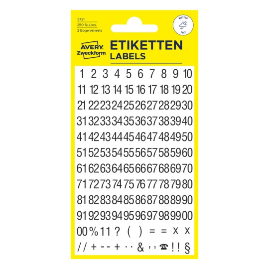 Ilustracja opakowania: Avery Zweckform litery i cyfry, artykuł: 3721, format: 85 x 160 mm, zawartość: 250 naklejek / 2 arkusze, 125 naklejek/arkusz.