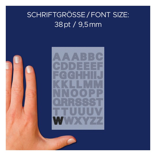 Porównanie wielkości z dłonią, artykuł: 3780, arkusz etykiet z literami, format: 85 x 160 mm, kolor: czarny.