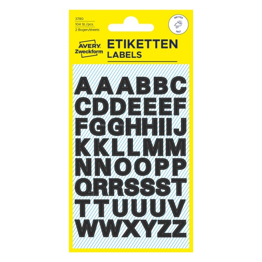 Obrazek opakowania: Avery Zweckform Litery i liczby, Artykuł: 3780, Format: 85 x 160 mm, Zawartość: 104 naklejki / 2 arkusze, 52 naklejki/arkusz?