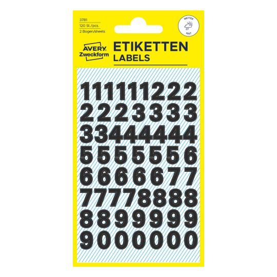 Opakowanie: Avery Zweckform litery i cyfry, Artykuł: 3781, Format: 85 x 160 mm, Zawartość: 120 naklejek / 2 arkusze, 60 naklejek/arkusz.