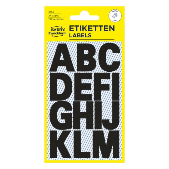 Opakowanie: Avery Zweckform litery i cyfry, artykuł: 3784, format: 85 x 160 mm, zawartość: 28 naklejek / 2 arkusze, 14 naklejek/arkusz.