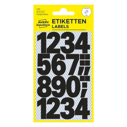 Opakowanie: Avery Zweckform litery i cyfry, artykuł: 3785, format: 85 x 160 mm, zawartość: 28 naklejek / 2 arkusze, 14 naklejek/arkusz.
