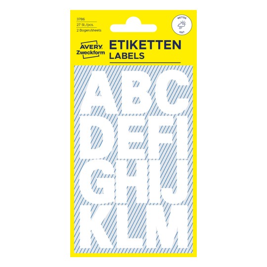 Opakowanie: Avery Zweckform litery i cyfry, artykuł: 3786, format: 85 x 160 mm, zawartość: 28 naklejek / 2 arkusze, 14 naklejek/arkusz?
