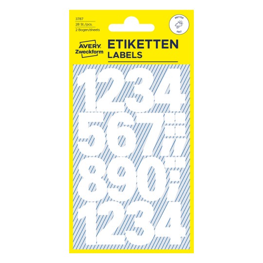 Opakowanie: Avery Zweckform Litery i Cyfry, Artykuł: 3787, Format: 85 x 160 mm, Zawartość: 28 naklejek / 2 arkusze, 14 naklejek/arkusz.