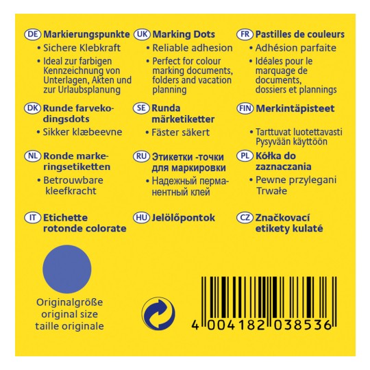 Obraz przedstawia opakowanie produktu z etykietami w różnych językach opisującymi kropki oznaczeniowe i ich zastosowania, w tym niezawodne przyleganie do kolorowego znakowania dokumentów.