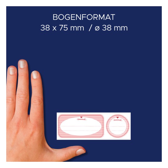 Porównanie wielkości z dłonią, Artykuł: 4381, jedna rolka etykiet, Format: ⌀ 38 mm, Kolor: morelowy, różowy, pomarańczowy.