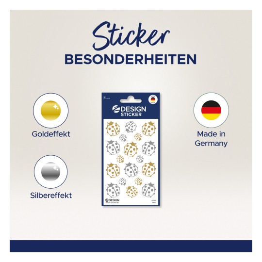 Obraz przedstawia arkusz naklejek z różnorodnymi wzorami biedronek w złotych i srebrnych efektach, opatrzony etykietą 'Design Sticker'. Wspomniano, że produkt jest wyprodukowany w Niemczech.
