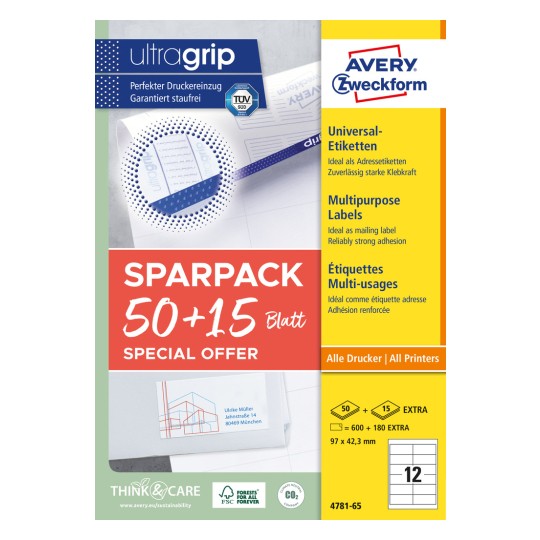 Opakowanie: Avery Zweckform uniwersalne etykiety, przylepne na stałe, artykuł: 4781-65, format: 97 x 42,3 mm, kompatybilność z drukarkami: atramentowe, laserowe czarno-białe, kolorowe laserowe, zawartość: 780 etykiet / 65 arkuszy, 12 etykiet/arkusz.