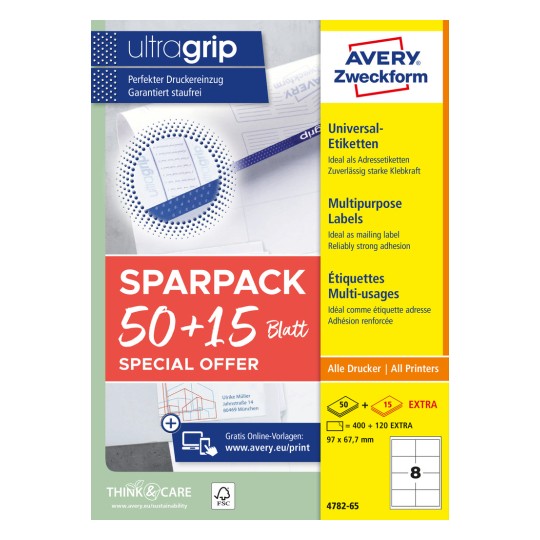 Opakowanie: Avery Zweckform Universalne Etykiety, trwałe przyleganie, Artykuł: 4782-65, Format: 97 x 67,7 mm, Nadają się do druku: Inkjet, Laser czarno-biały, Laser kolorowy, Zawartość: 520 etykiet / 65 arkuszy, 8 etykiet/arkusz.