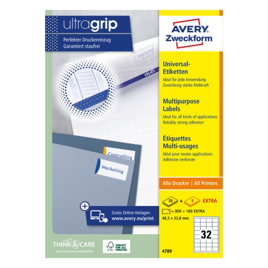Ilustracja opakowania: Avery Zweckform Uniwersalne Etykiety, trwale przylegające, Artykuł: 4789, Format: 48,3 x 33,8 mm, Zdatność do drukowania: atramentowe, laserowe czarno-białe, laserowe kolorowe, Zawartość: 960 etykiet / 30 arkuszy, 32 etykiety/arkusz.