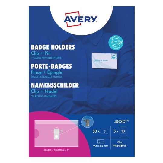 Opakowanie: Avery Zweckform, Artykuł: 4820, Format: 90 x 54 mm, Zastosowanie do drukarek: Inkjet, kolorowy laser, czarno-biały laser, kopiarki, Zawartość: 50 identyfikatorów / 50 wkładów / 5 arkuszy, /arkusz?