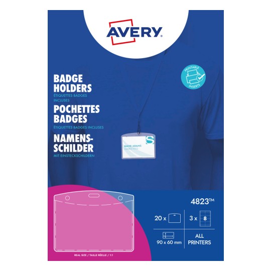 Obraz przedstawia uchwyt na identyfikatory firmy Avery, zawierający szczegóły produktu, takie jak „Uchwyty na identyfikatory”, wymiary oraz przykład plakietki z imieniem. Jest zaprojektowany do wszystkich drukarek.