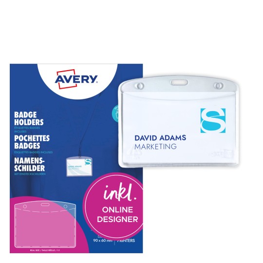 Obraz przedstawia identyfikatory zawierające informacje o 'Davidzie Adamsie' w marketingu, na tle linii produktów Avery.