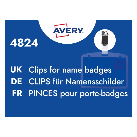 Niebieska karta produktu z białym tekstem „4824” oraz wielojęzyczną etykietą „Klipsy do identyfikatorów” i obrazem klipsa do identyfikatora?