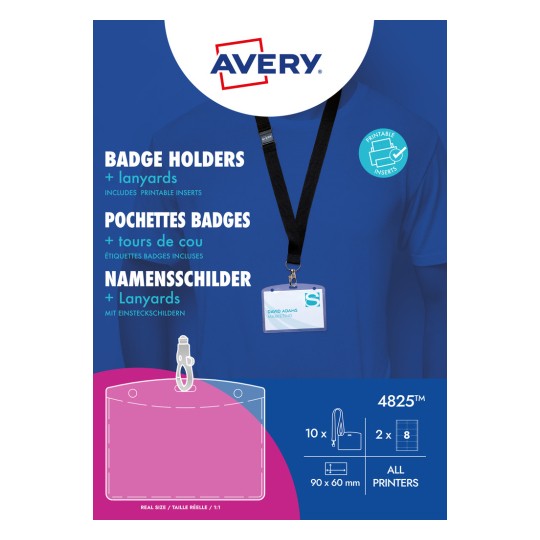 Opakowanie: Avery Zweckform, artykuł: 4825, format: 90 x 60 mm, zgodność z drukarkami: inkjet, kolorowy laser, laser czarno-biały, kopiarki, zawartość: 10 identyfikatorów / 16 wkładek / 2 arkusze / arkusz?