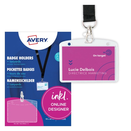 Opakowanie z arkuszem kart: Avery Zweckform kieszonki na identyfikatory z smyczą, artykuł: 4825, format: 90 x 60 mm, odpowiednie do druku: inkjet, kolorowe laserowe, czarno-białe laserowe, kopiarki, zawartość: 10 identyfikatorów / 16 wkładek / 2 arkusze.