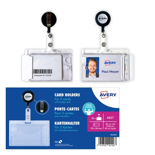 Obraz przedstawia uchwyty na karty Avery na dwie karty z zawieszką na identyfikator. Jeden uchwyt pokazuje imię, nazwisko, Paul Meyer, ze zdjęciem, a drugi ma kod kreskowy i identyfikator pracownika.