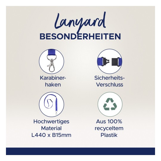 Obraz przedstawia cechy smyczy, w tym karabińczyk, bezpieczne zapięcie, wymiary z wysokiej jakości materiału L440 x B15mm oraz wykonanie w 100% z recyklingowanego plastiku.