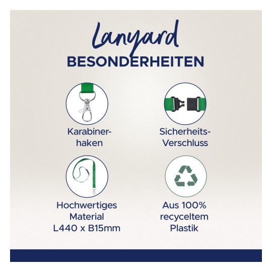 Obraz przedstawia cechy smyczy, w tym karabińczyk, zapięcie bezpieczeństwa, wymiary wysokiej jakości materiału oraz informacje o recyklingu, wskazując, że jest wykonana w 100% z recyklingowanego plastiku.