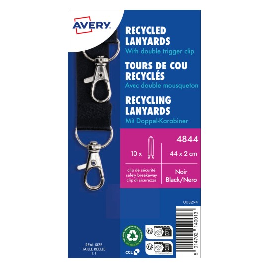 Obraz przedstawia opakowanie na smycze recyklingowe firmy Avery. Zawiera szczegóły takie jak rozmiar, kolor (czarny) i cechy, takie jak podwójny klips zatrzaskowy.