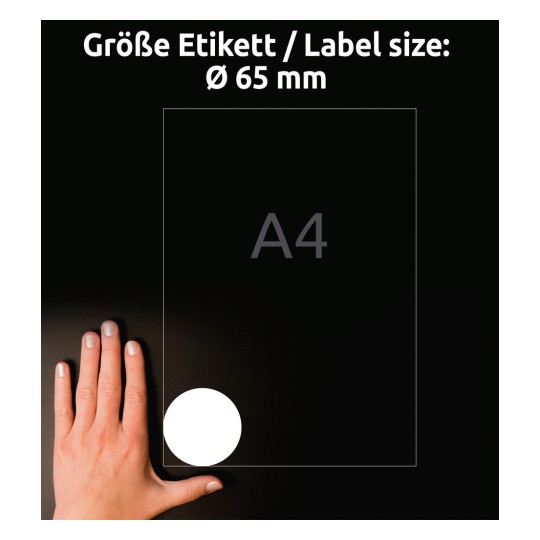 Porównanie rozmiarów z ręką, artykuł: 5081, jeden arkusz okrągłych etykiet, odklejane, format: ⌀ 65 mm, kolor: biały.