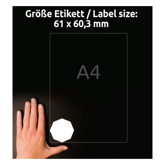 Porównanie wielkości z ręką, artykuł: 5083, arkusz ośmiokątnych etykiet, odklejane, format: 61 x 60,3 mm, kolor: biały.