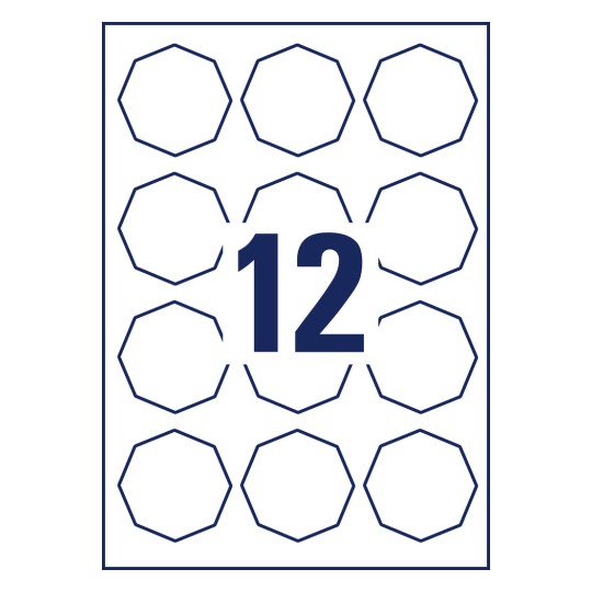 Rysunek wykrojnika, pojedynczy arkusz A4, artykuł: 5083, etykiety ośmiokątne, odklejalne, format: 61 x 60,3 mm, 12 etykiet/arkusz.
