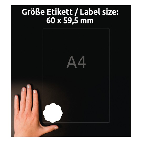 Porównanie wielkości z ręką, artykuł: 5085, arkusz etykiet w kształcie kwiatów, odklejane, format: 60 x 59,5 mm, kolor: biały.