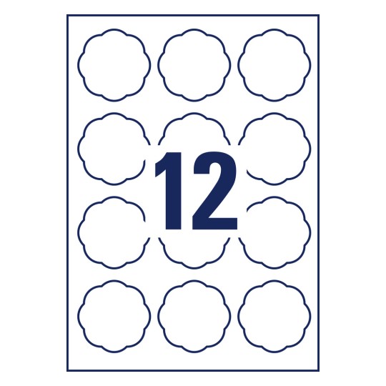 Rysunek wykroju pojedynczego arkusza A4, artykuł: 5085, etykiety w kształcie kwiatów, usuwalne, format: 60 x 59,5 mm, 12 etykiet/arkusz.
