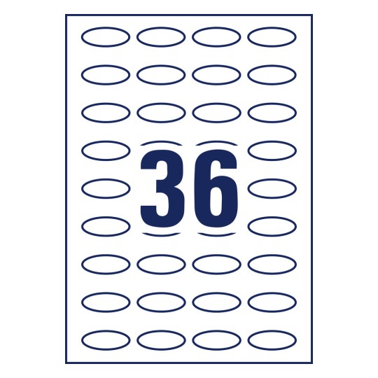 Rysunek wykroju pojedynczy arkusz A4, artykuł: 5086, etykiety owalne, zmywalne, format: 40 x 20 mm, 36 etykiet/arkusz.