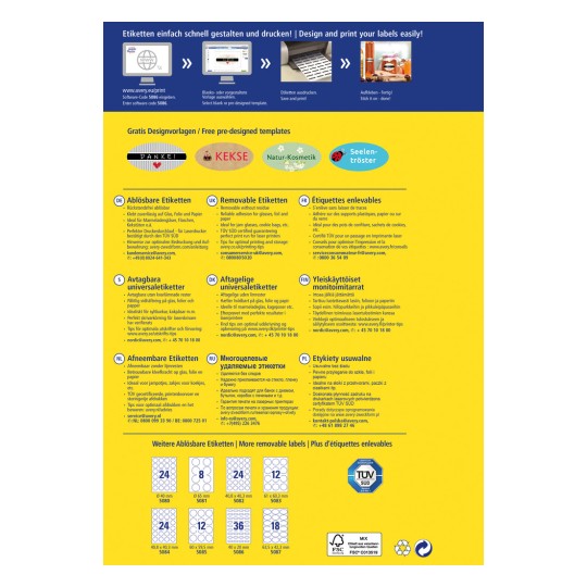 Infografika o projektowaniu i drukowaniu etykiet, przedstawiająca różne rodzaje etykiet usuwalnych w wielu językach, wraz z przykładami szablonów i danymi kontaktowymi.