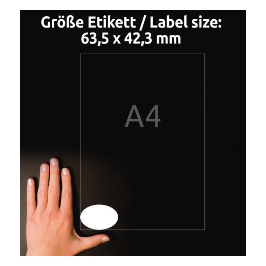 Porównanie wielkości z dłonią, artykuł: 5087, arkusz owalnych etykiet, odklejalne, format: 63,5 x 42,3 mm, kolor: biały?