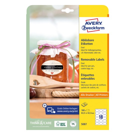 Opakowanie: Avery Zweckform Owalne Etykiety, Artykuł: 5087, Format: 63,5 x 42,3 mm, Nadające się do druku: atramentowego, laserowego czarno-białego, kolorowego laserowego, Zawartość: 180 etykiet / 10 arkuszy, 18 etykiet/arkusz.