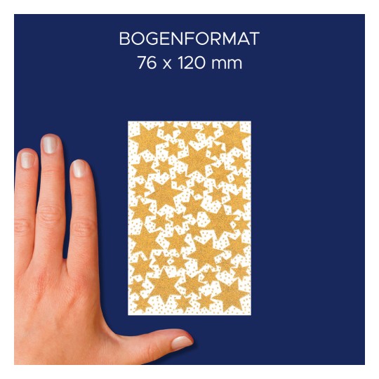 Porównanie wielkości z dłonią, Artykuł: 51013, jeden arkusz asortymentu bestsellerów naklejek bożonarodzeniowych, Format: 130 x 183 x 5 mm, Kolor: złoty, srebrny.