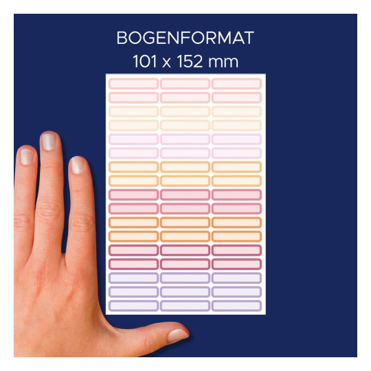 Porównanie wielkości z ręką, artykuł: 51031, arkusz etykiet imiennych, format: 130 x 183 x 5 mm, kolor: różowy, pomarańczowy, fioletowy.