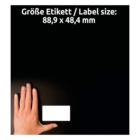 Porównanie wielkości z ręką, artykuł: 5103, jeden arkusz etykiet komputerowych, format: 88,9 x 48,4 mm, kolor: biały.
