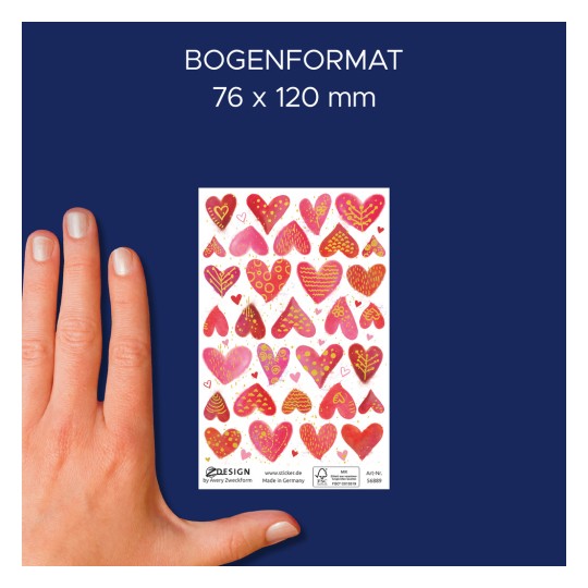 Porównanie wielkości z ręką, artykuł: 51043, jeden arkusz asortymentu naklejek, format: 130 x 183 x 5 mm, kolor: czerwony, różowy, złoty.