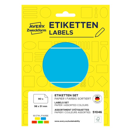 Ilustracja opakowania: Avery Zweckform uniwersalne etykiety ręcznego opisywania, artykuł: 51046, format: 98 x 51 mm, zawartość: 90 etykiet / 30 arkuszy, 3 etykiety/arkusz.