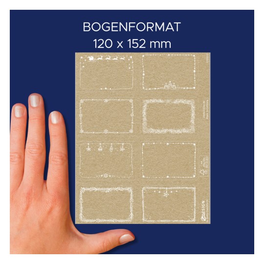 Porównanie wielkości z ręką, Artykuł: 51052, arkusz zestawu naklejek świątecznych, Format: 130 x 183 x 5 mm, Kolor: Biały, Brązowy.