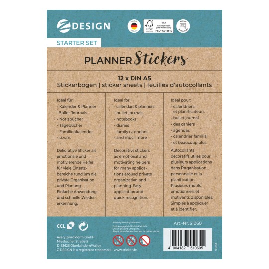 Ten obraz przedstawia opakowanie zestawu startowego naklejek do planera, w tym instrukcje w języku niemieckim i francuskim. Opisuje naklejki jako idealne do kalendarzy, bullet journalów, notatników i nie tylko, podkreślając ich dekoracyjne i motywacyjne właściwości.