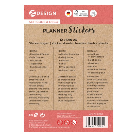 Obraz przedstawia opakowanie naklejek do planera, zawierające teksty w języku niemieckim i francuskim, opisujące ich idealne zastosowania w kalendarzach, bullet journalach, notatnikach i innych. Podkreśla dekoracyjne naklejki jako narzędzia motywacyjne dla organizacji.