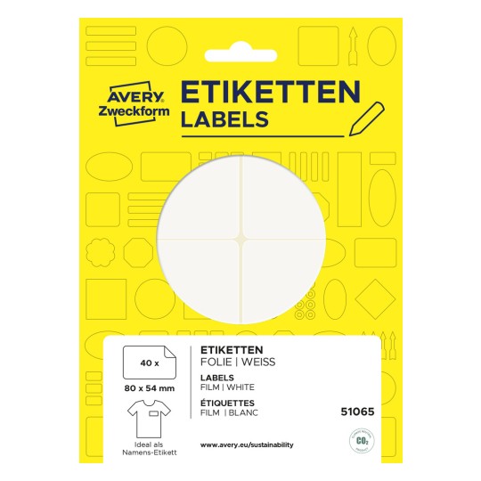 Opakowanie: Avery Zweckform, Artykuł: 51065, Format: 80 x 54 mm, Zawartość: 40 etykiet / 10 arkuszy, /arkusz?