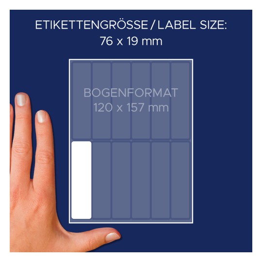 Porównanie rozmiarów z ręką, artykuł: 51066, arkusz etykiet z imieniem, format: 76 x 19 mm, kolor: biały.