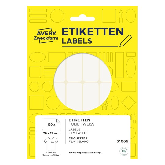 Zdjęcie opakowania: Avery Zweckform, Artykuł: 51066, Format: 76 x 19 mm, Zawartość: 120 etykiet / 10 arkuszy.