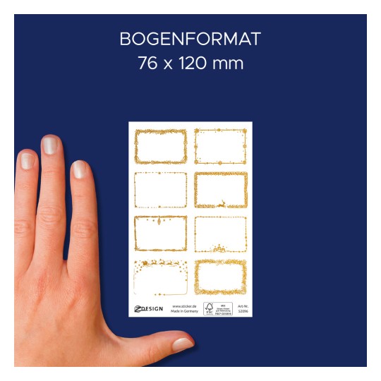 Porównanie rozmiarów z ręką, artykuł: 52096, arkusz naklejek świątecznych, format: 52 x 33 mm, kolor: biały, złoty?