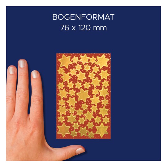 Porównanie rozmiaru z ręką, artykuł: 52806, jeden arkusz naklejek świątecznych, format: 85 x 160 mm, kolor: złoty.