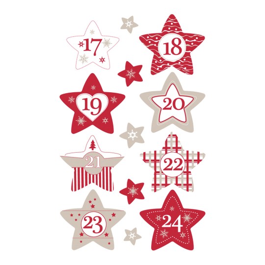 Obraz przedstawia dekoracyjne gwiazdy ponumerowane od 17 do 24, w kolorach czerwonym i beżowym, z motywami zimowymi, takimi jak płatki śniegu i wzory odpowiednie na świąteczny sezon.